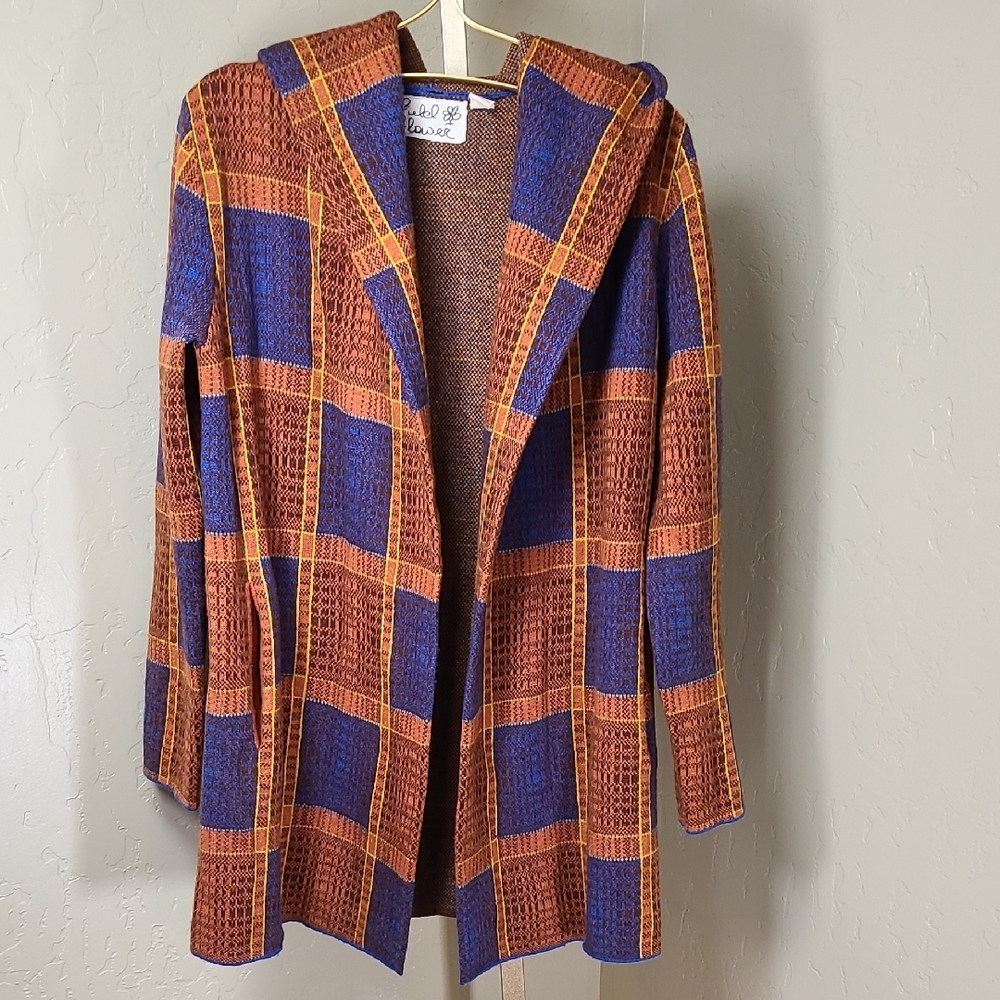 Anthropologie Fielel Flower Hoodie Blue Orange Plaid Cardigan 100% Soft Wool